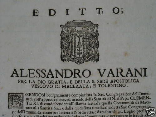 Editto Vescovo Varani Macerata 1712 Molitura Grano Con Araldica