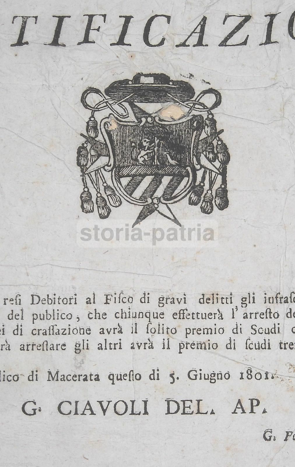 Notificazione Per La Cattura Di Banditi A Macerata, Montecassiano E Montecosaro, 1801