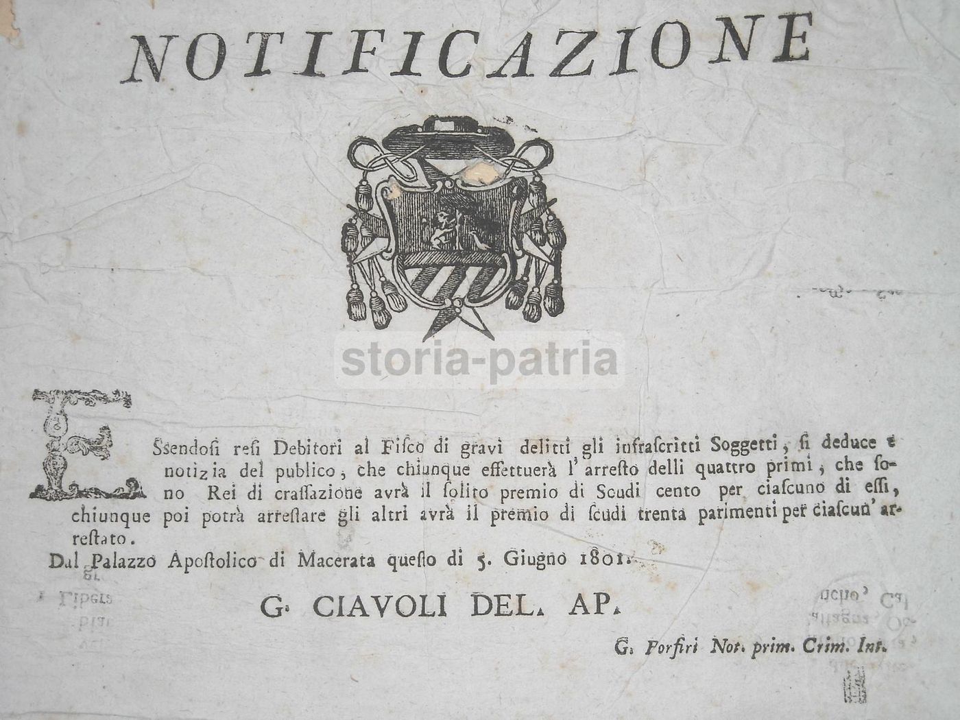 Notificazione Per La Cattura Di Banditi A Macerata, Montecassiano E Montecosaro, 1801
