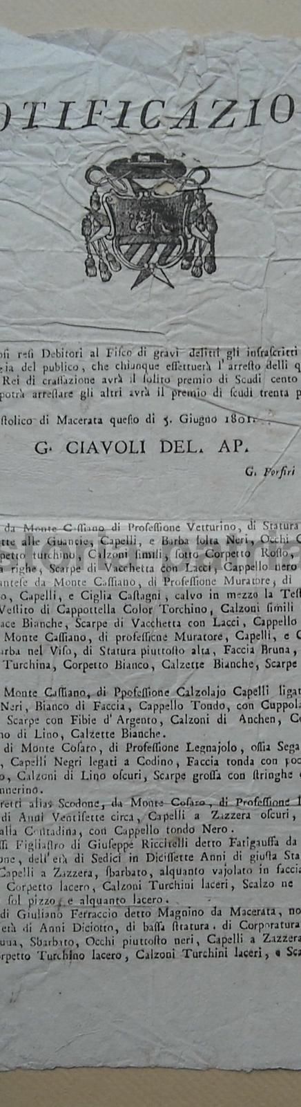 Notificazione Per La Cattura Di Banditi A Macerata, Montecassiano E Montecosaro, 1801
