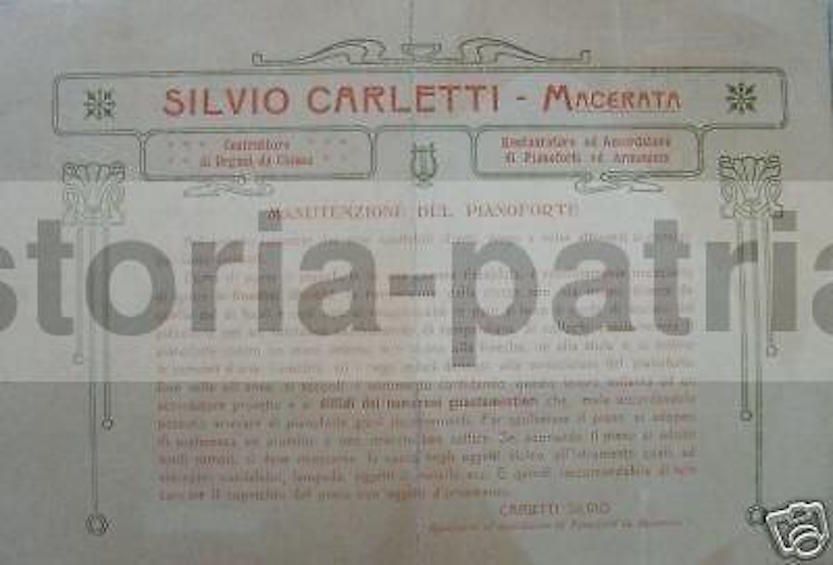 Cartoncino Pubblicitario Silvio Carletti Organi Macerata 1900