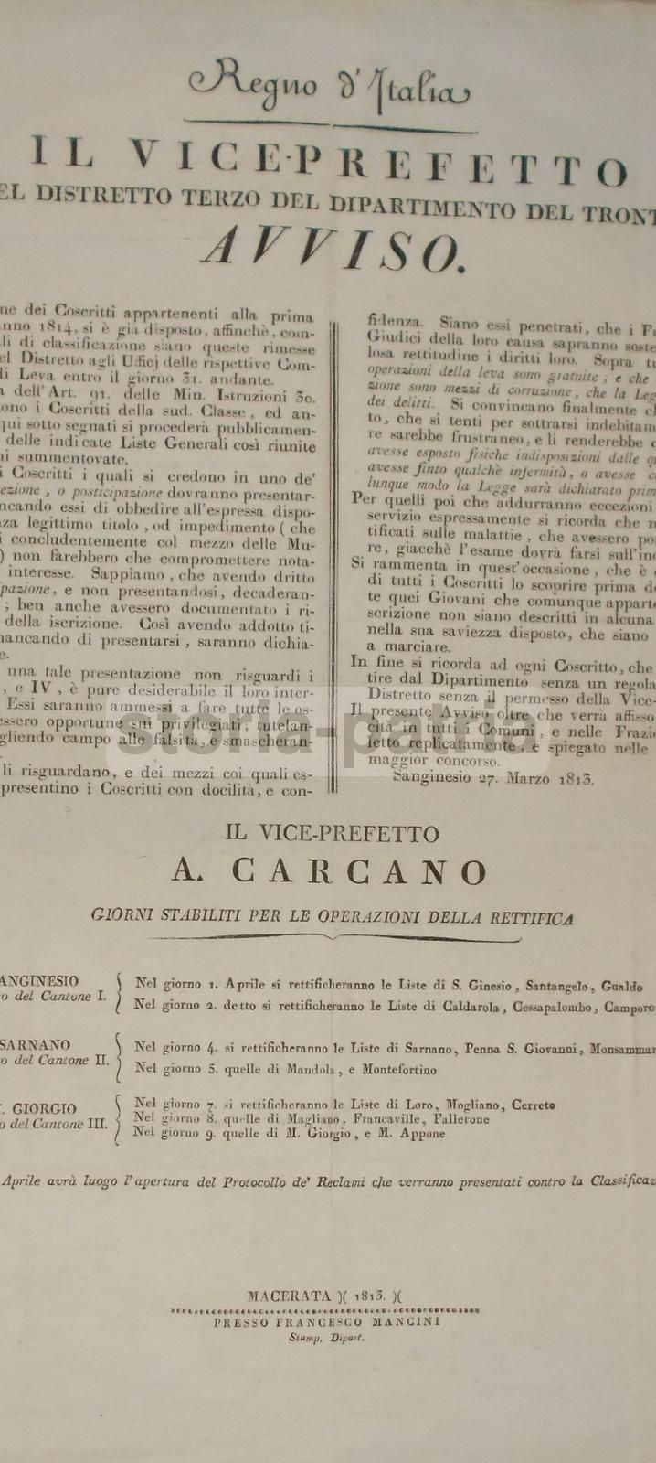 Manifesto Leva Militare 1814 Macerata Sanginesio Sarnano Regno