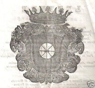 Foglio Premi Ginnasio Macerata 1846 Stemma Araldico Cortesi