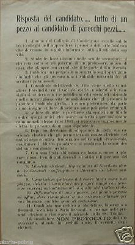 Foglio Volante Polemico Satirico Marche Recanati Macerata 1900