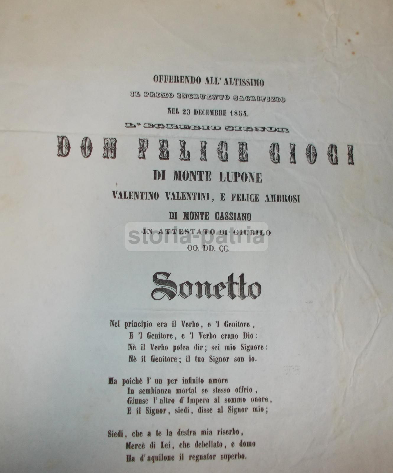 Sonetto Di Giuseppe Hercolani Per Don Felice Cioci, Monte Lupone, 1854