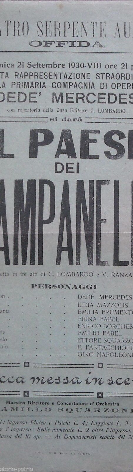 Locandina Operetta Il Paese Dei Campanelli, Offida 1930