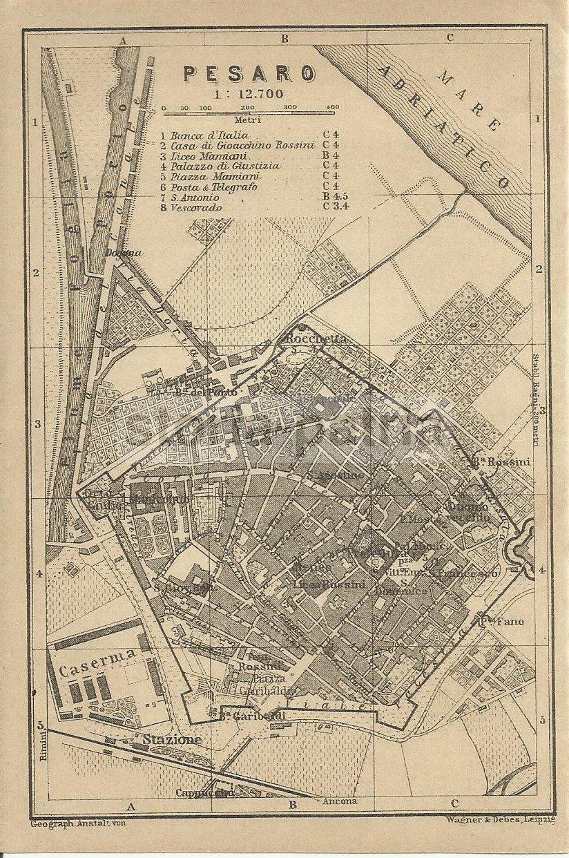Mappa Topografica Antica Di Pesaro Con Monumenti, 1904