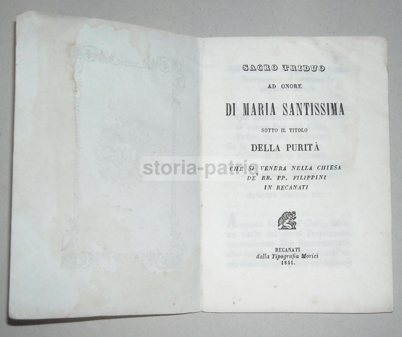 Sacro Triduo Maria Santissima Della Purità, Recanati 1851