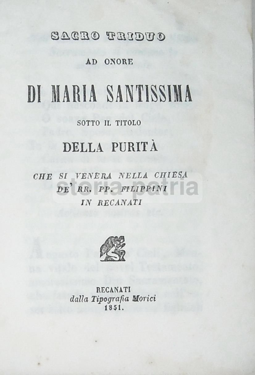 Sacro Triduo Maria Santissima Della Purità, Recanati 1851