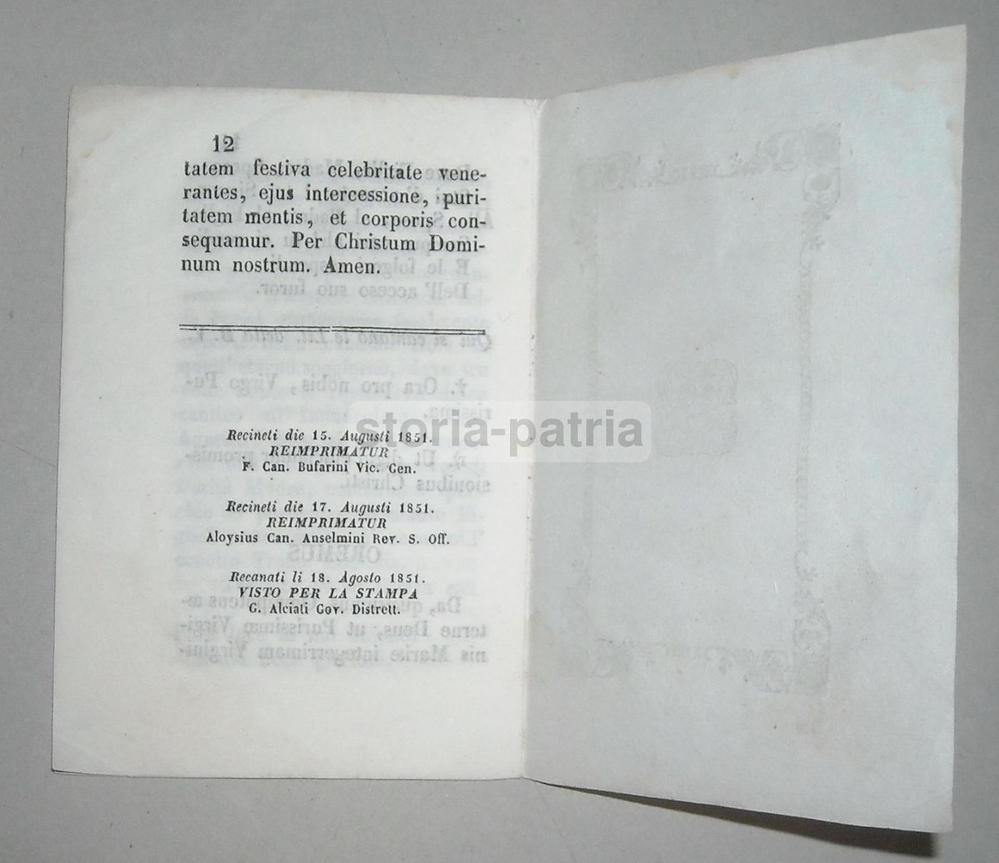 Sacro Triduo Maria Santissima Della Purità, Recanati 1851