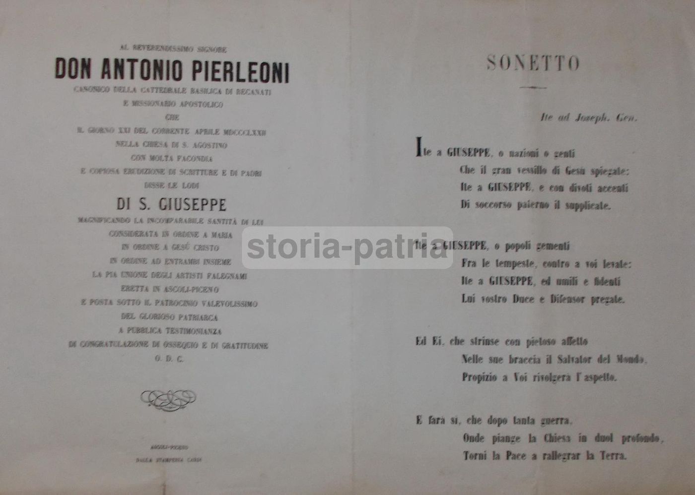 Sonetto Antico Per Don Antonio Pierleoni, Recanati, 1872