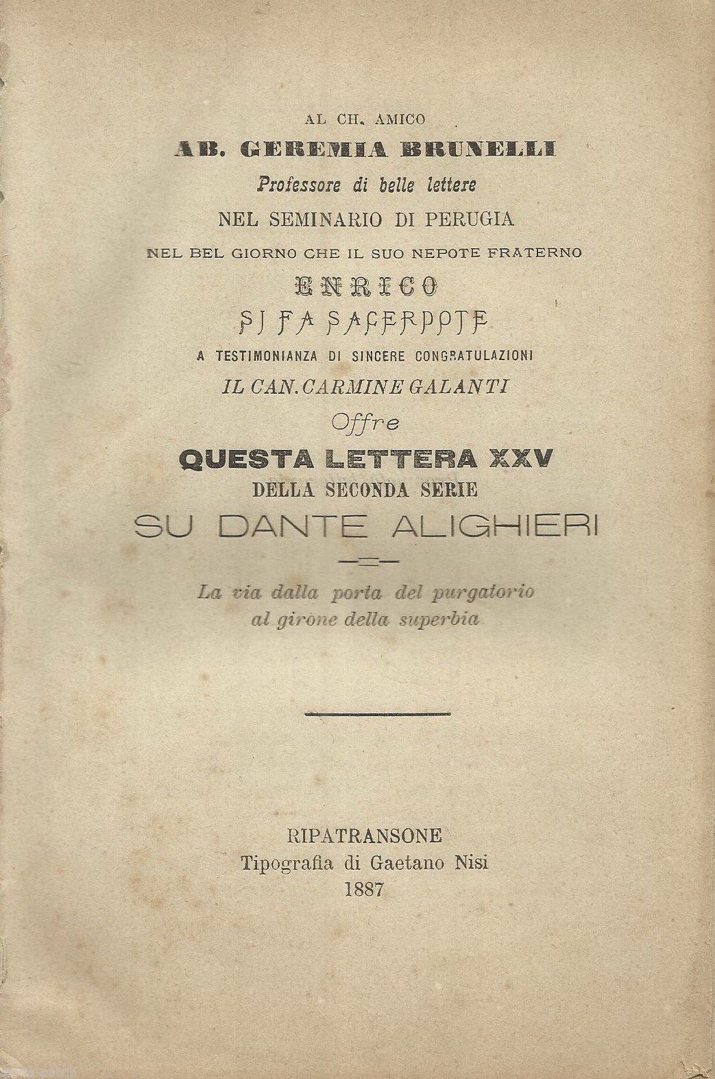 Carmine Galanti, Dissertazione Dantesca, Ripatransone 1887