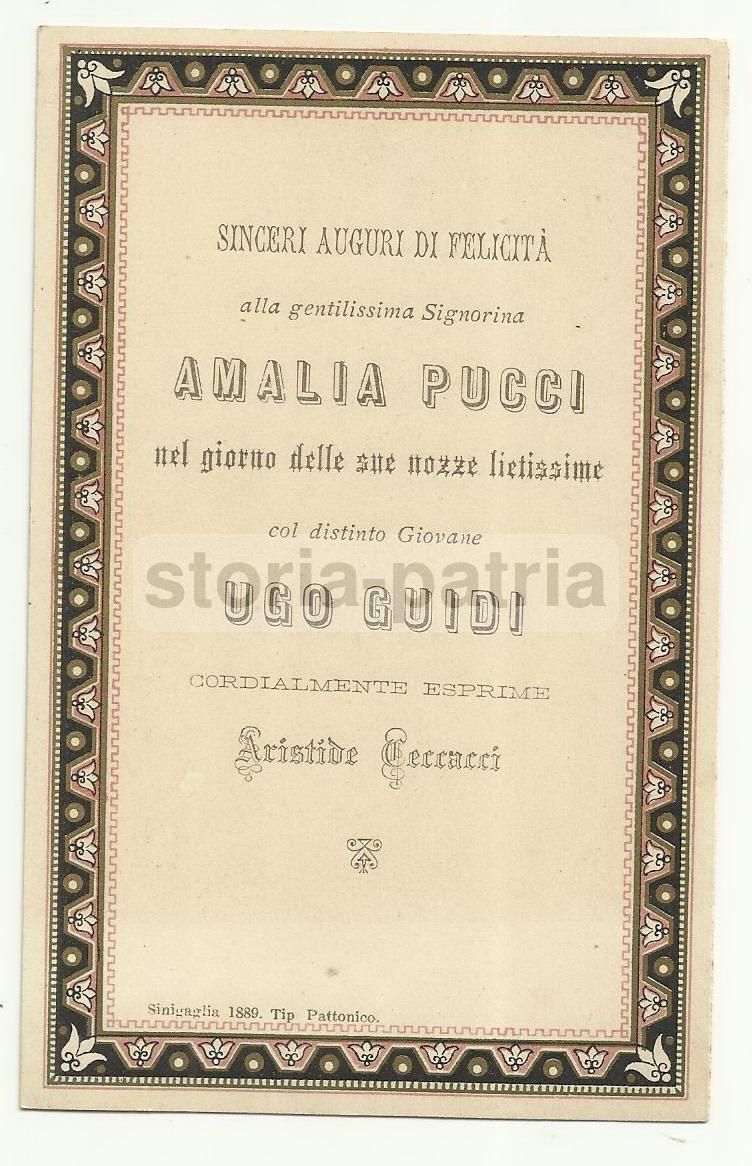 Biglietto d'Auguri Per Le Nozze Pucci Guidi, Senigallia 1889