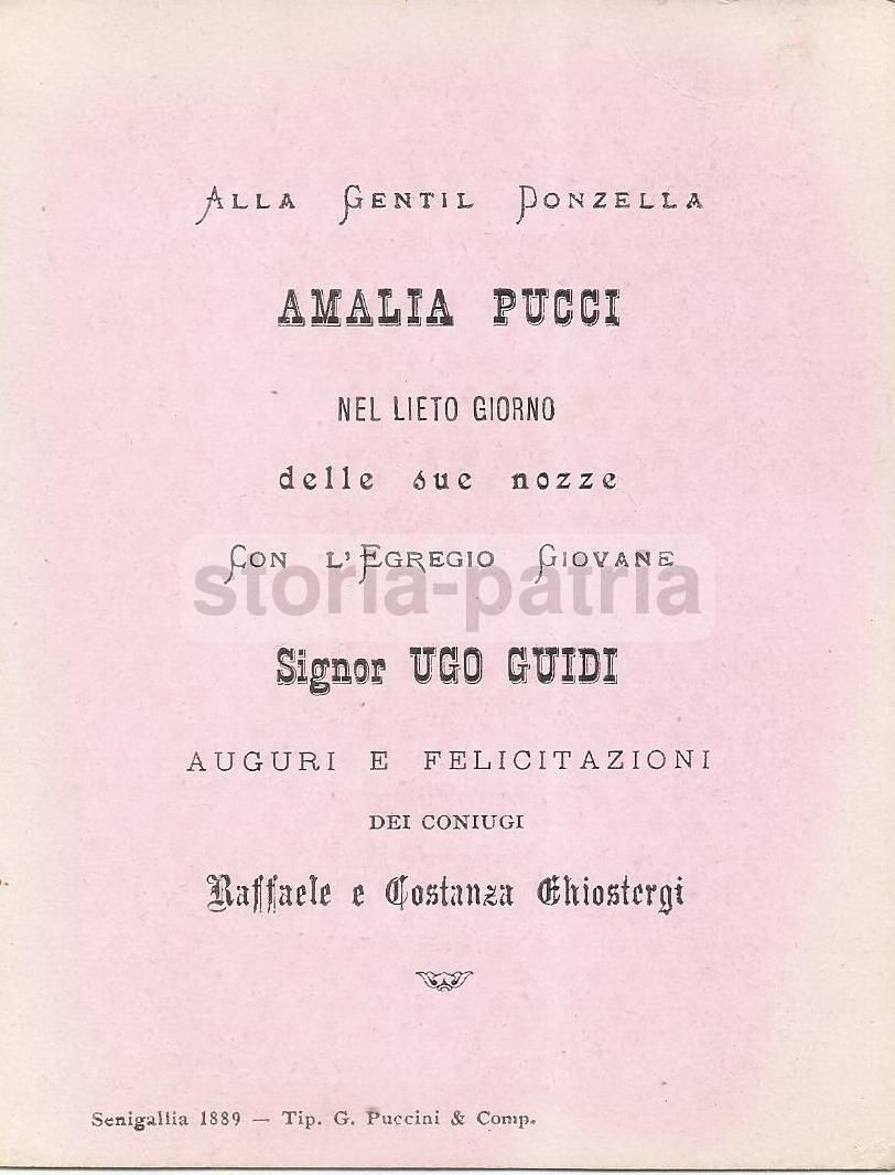 Nozze Guidi Pucci: Raro Biglietto d'Auguri D'Epoca, Senigallia 1889