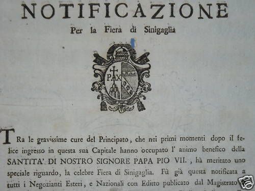 Notificazione Fiera Senigallia 1800 Consalvi Stato Della Chiesa Marche