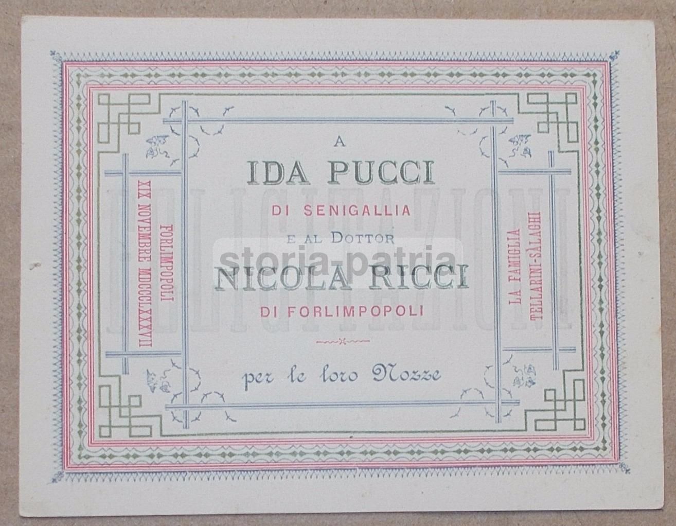 Biglietto d'Auguri Per Le Nozze Ricci Pucci, 1887, Forlimpopoli E Senigallia