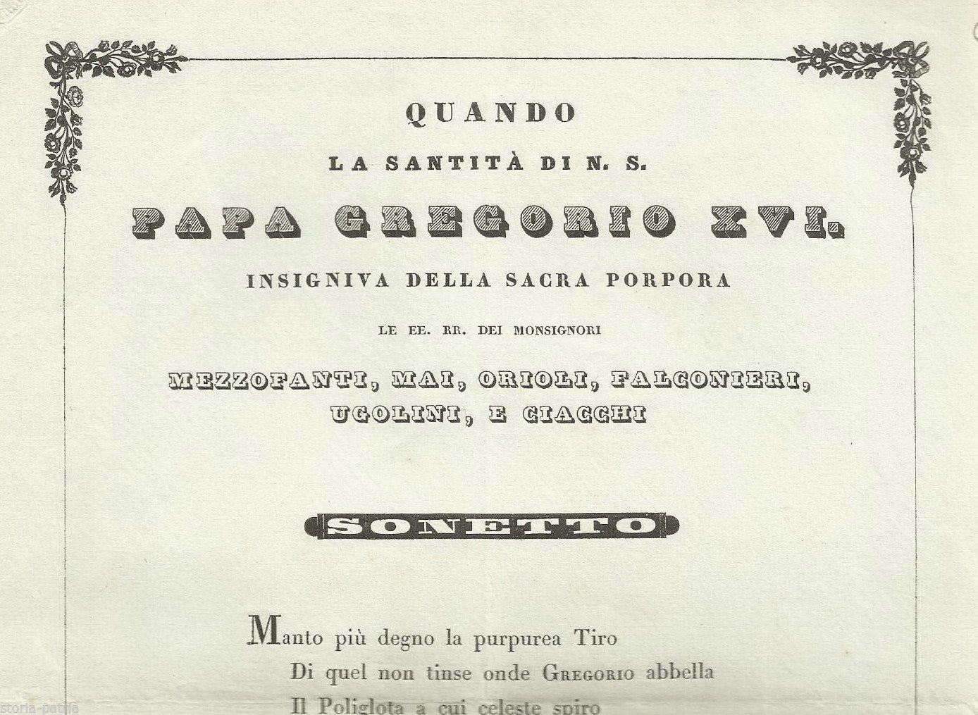 Sonetto Marchese Zappi Nomina Cardinali Gregorio XVI Bologna 1838