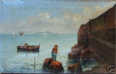 Marina Con Pescatori, Costiera Napoletana, Olio Su Tela, Fine '800
