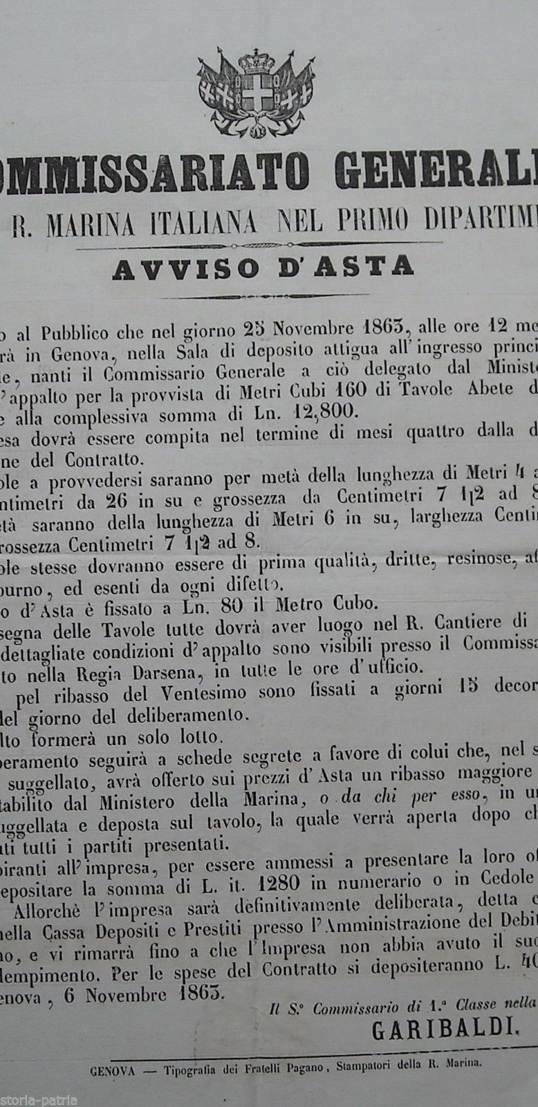 Manifesto Marina Italiana, Appalto Legname Svezia, Genova, 1863