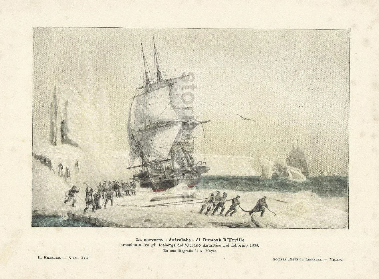 Corvette Astrolabe, Dumont d'Urville, Antarctica 1838. Period Print