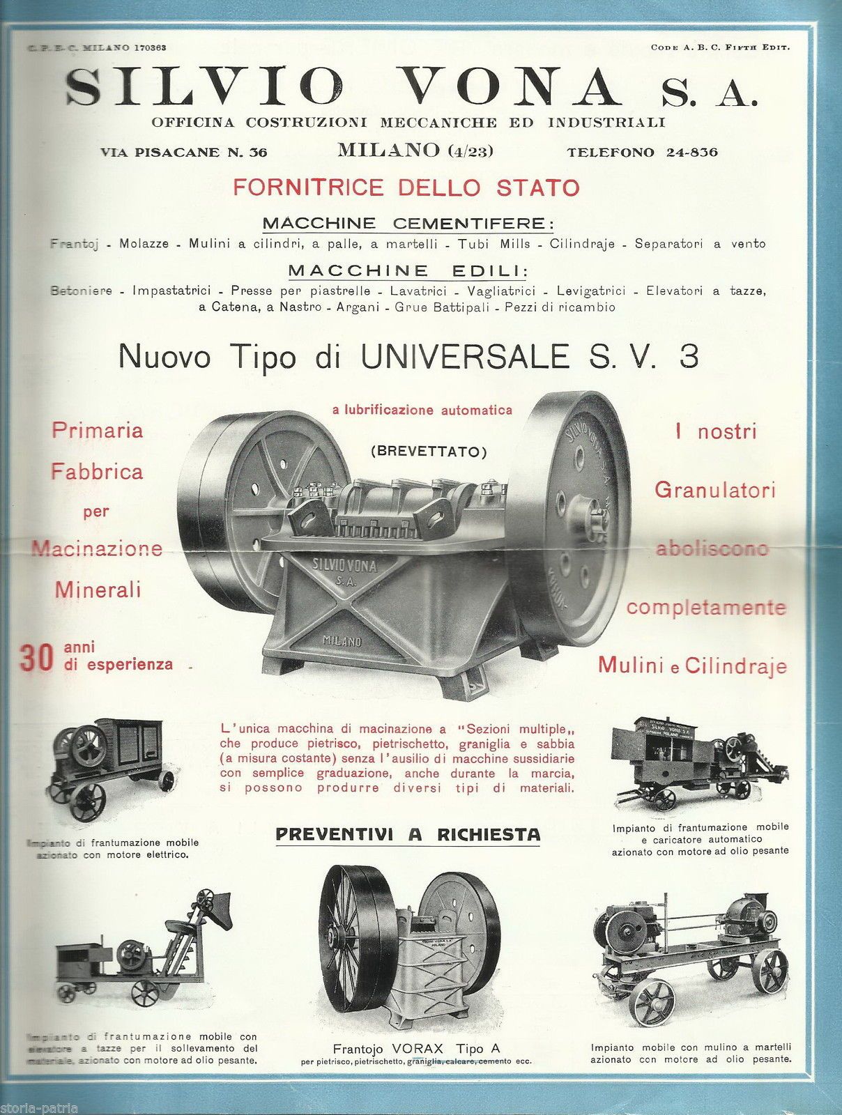Volantino Pubblicitario Silvio Vona Milano Macchine Edili Anni '30