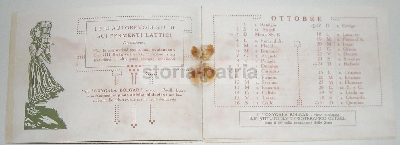 Calendarietto Pubblicitario Oxygala Bolgar 1926, Napoli