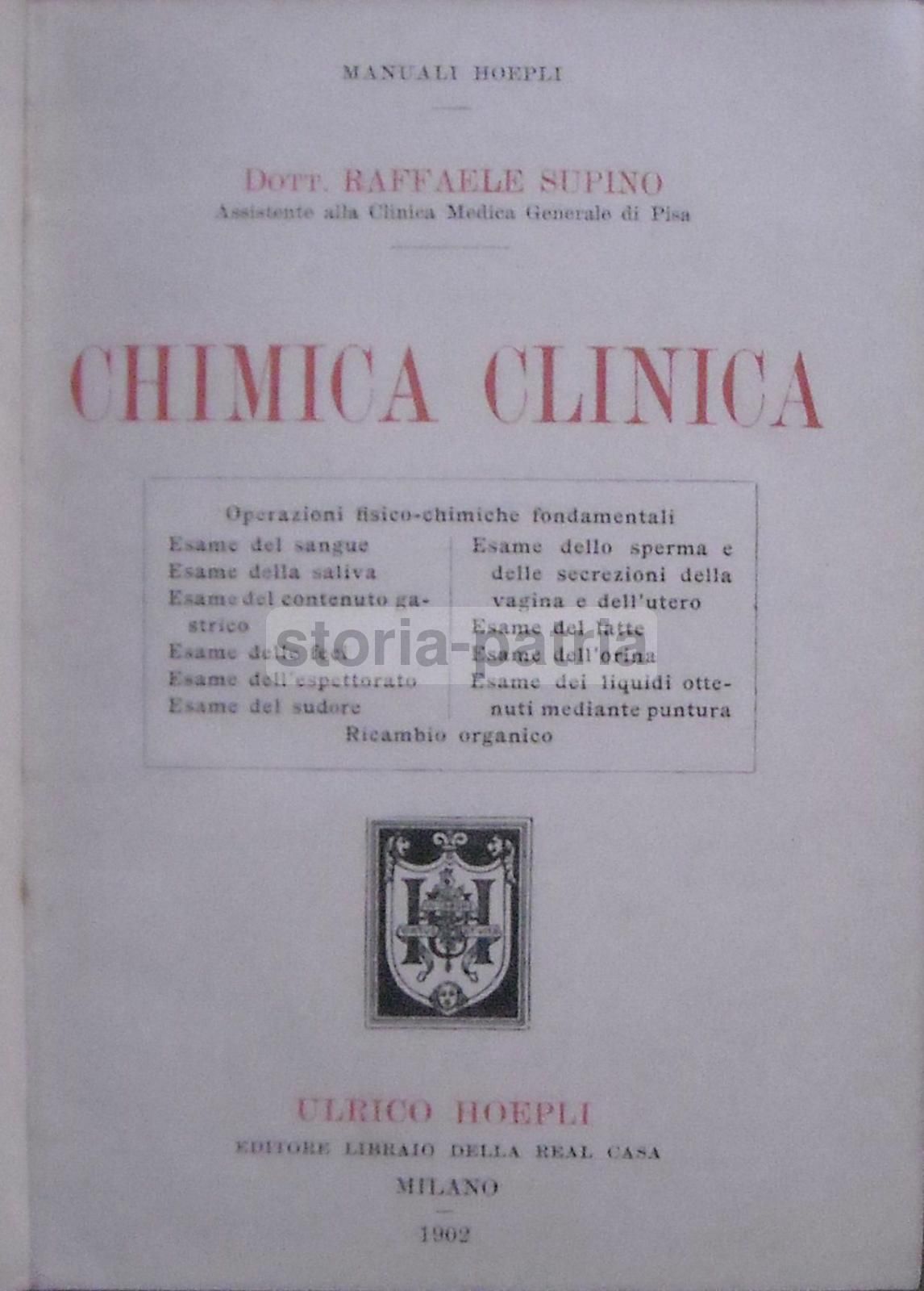 Chimica Clinica Di Raffaele Supino, Hoepli 1902, Prima Edizione