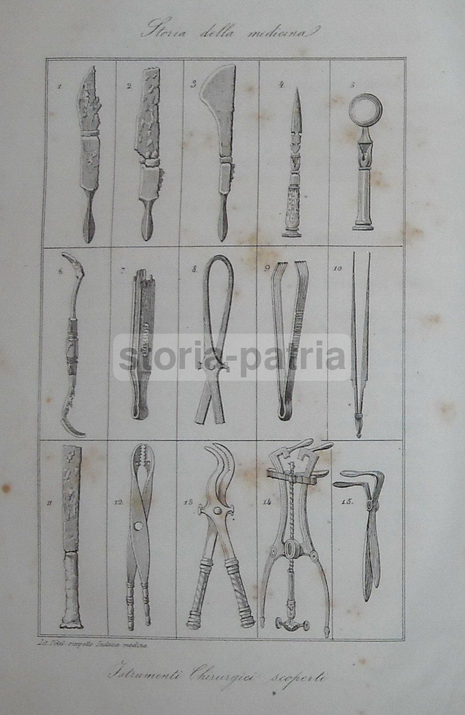 Strumenti Chirurgici Antichi Di Pompei Ed Ercolano, Stampa Litografica Del 1850