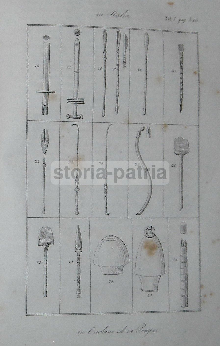 Strumenti Chirurgici Antichi Di Pompei Ed Ercolano, Stampa Litografica Del 1850