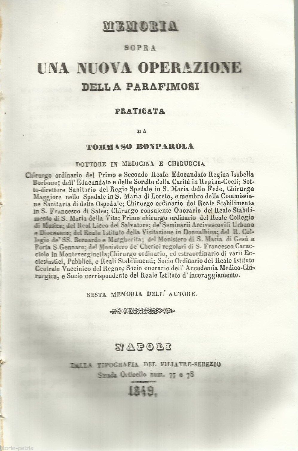 Bonparola, Memoria Sopra Una Nuova Operazione Della Parafimosi, Napoli, 1849