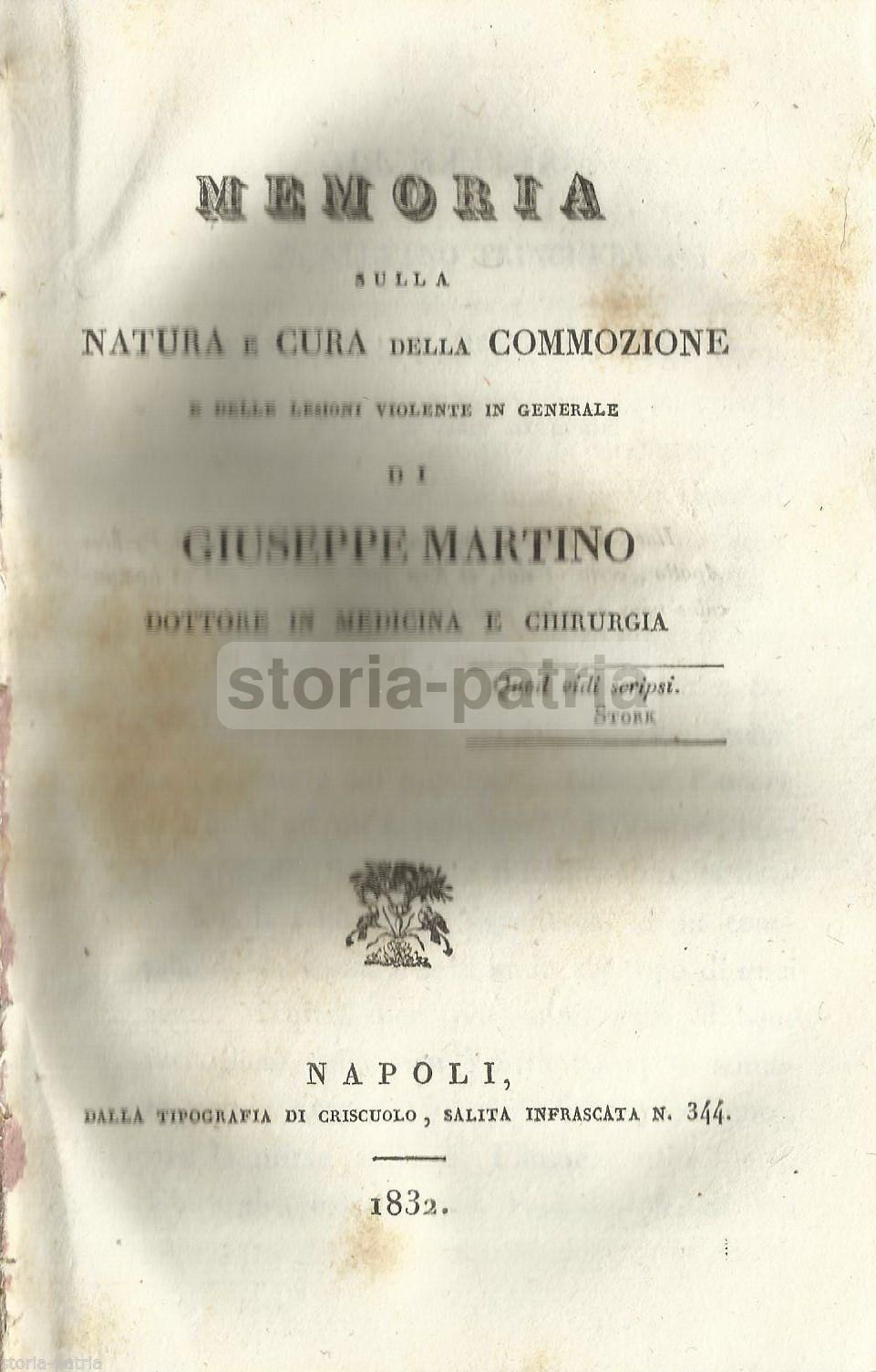 Memoria Sulla Natura E Cura Della Commozione E Delle Lesioni Violente, Giuseppe Martino, Napoli, 1832