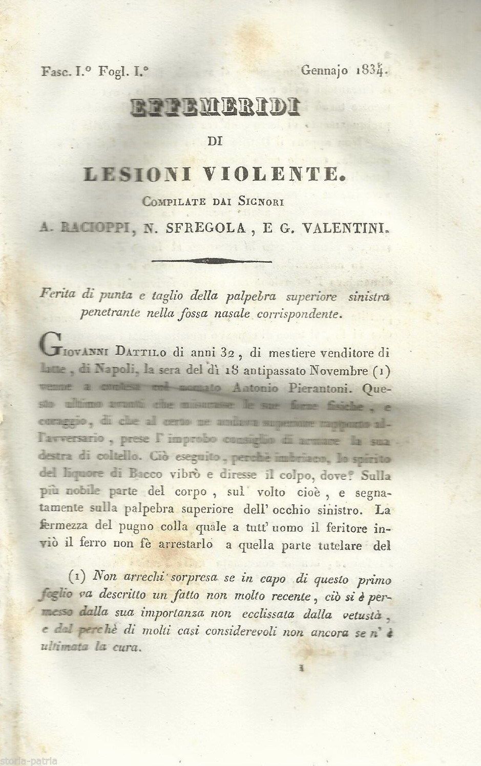 Effemeridi Di Lesioni Violente, Napoli 1834, Racioppi, Sfregola E Valentini