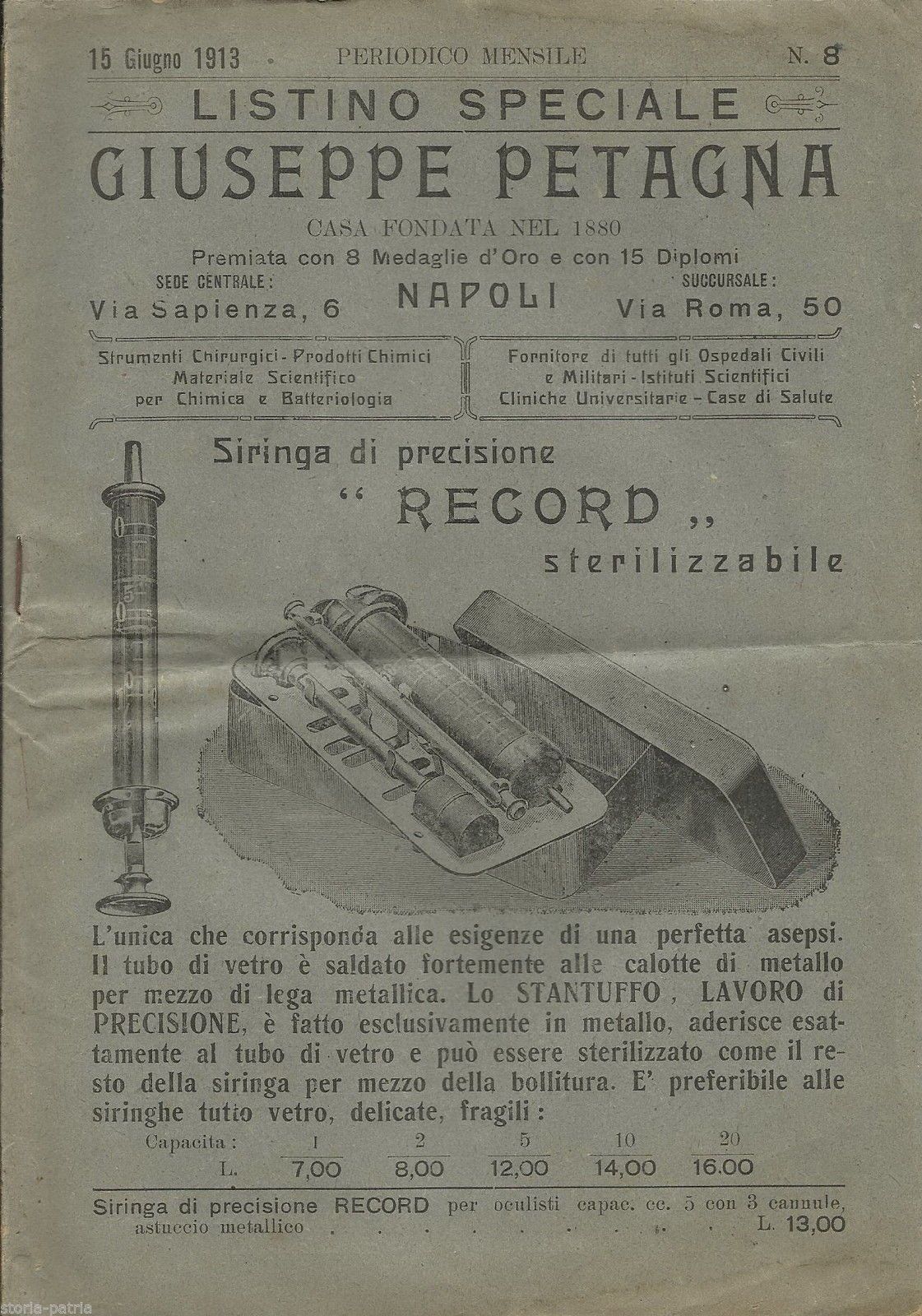 Listino Strumenti Medici Giuseppe Petagna Napoli 1913
