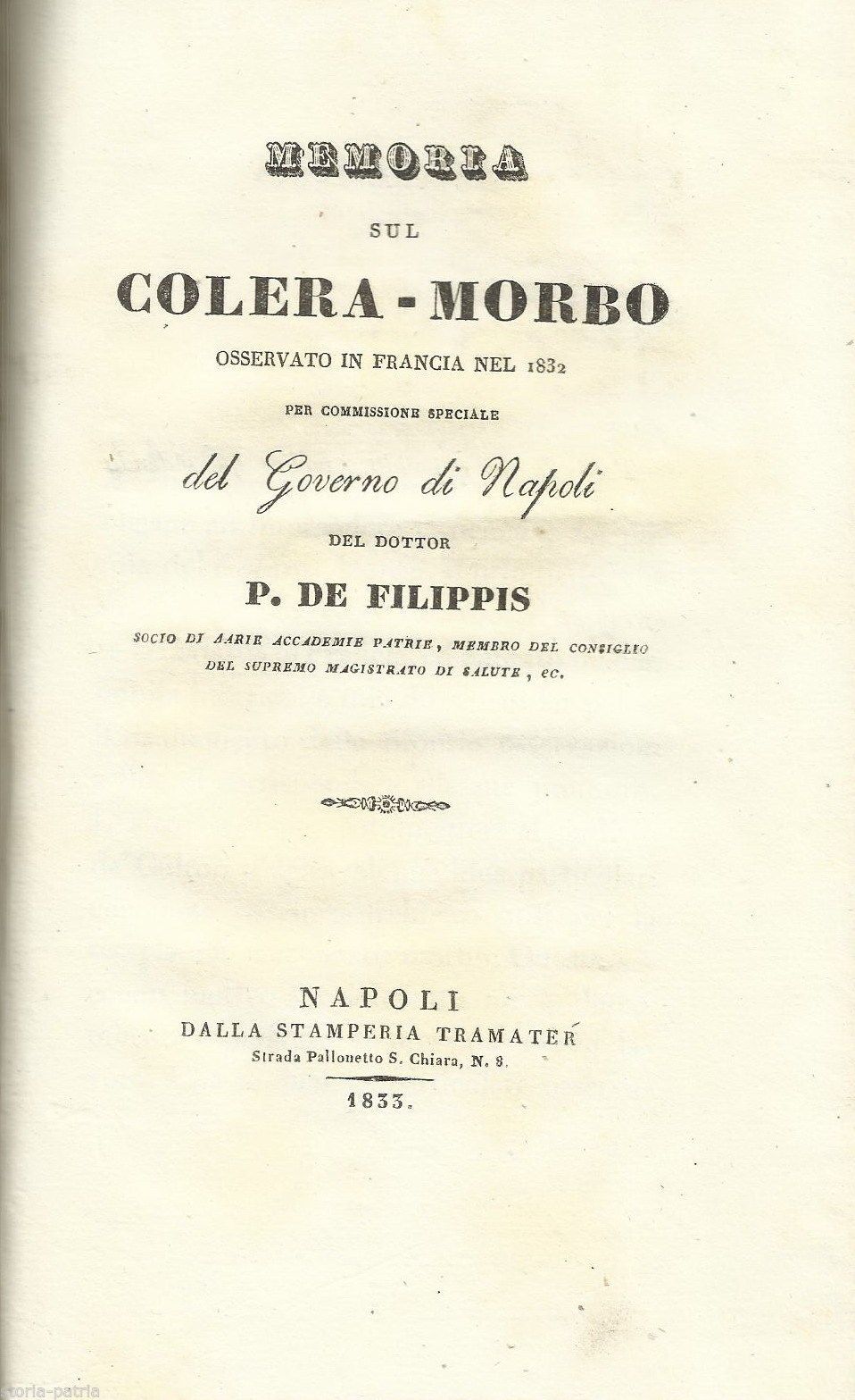 Memoria Sul Colera Morbo, P. De Filippis, Napoli, Tramater, 1833