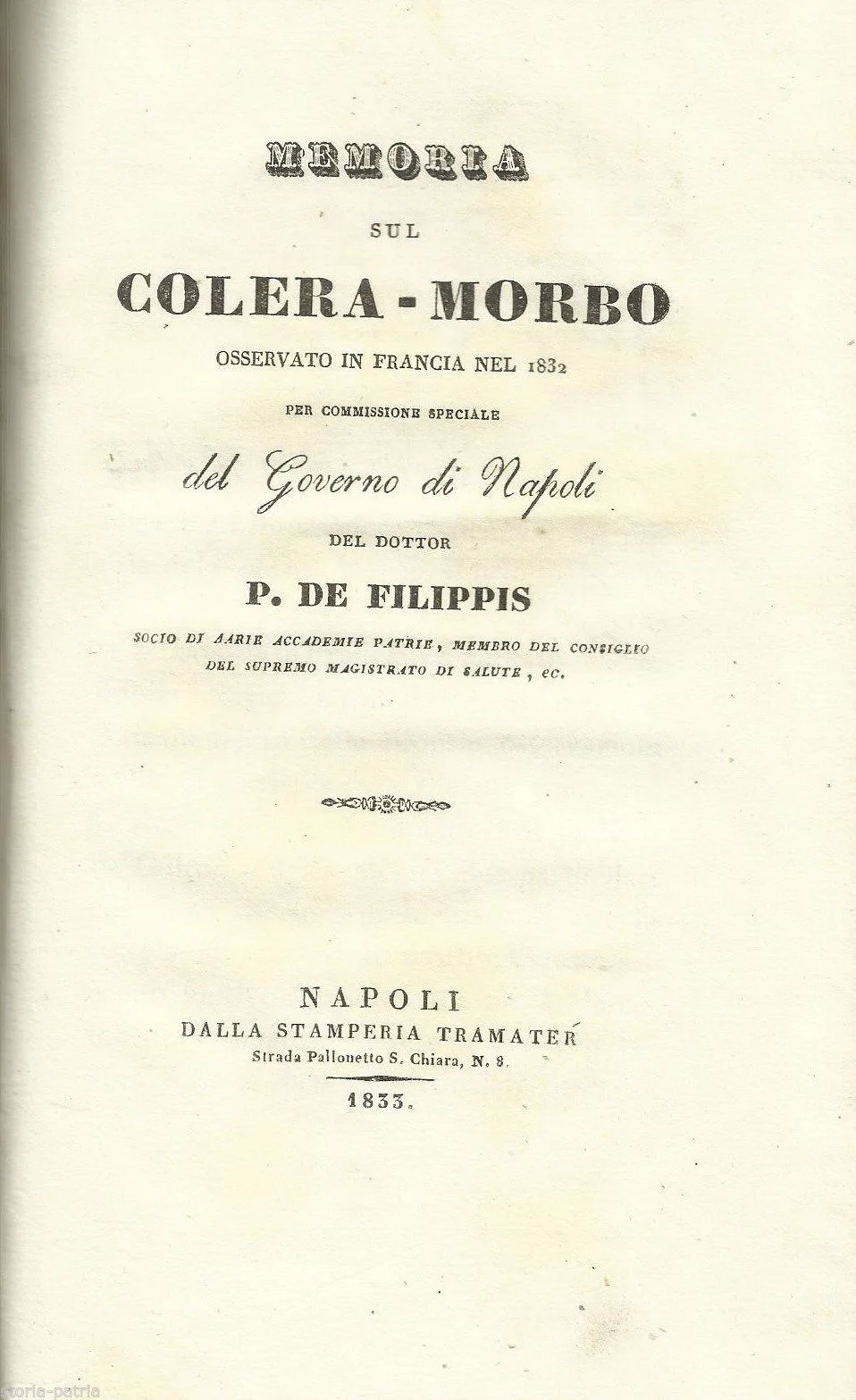 Memoir on Cholera Morbus, P. De Filippis, Naples, Tramater, 1833
