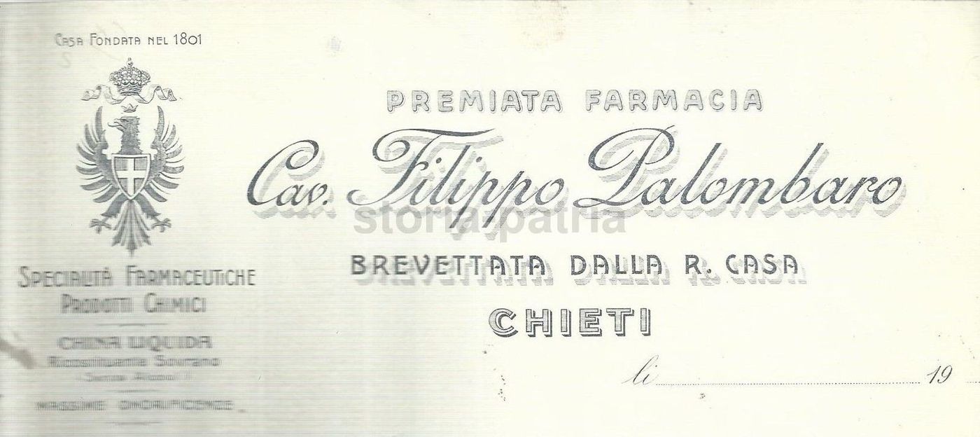 Carta Intestata Premiata Farmacia Palombaro Chieti 1910 Stemma Savoia