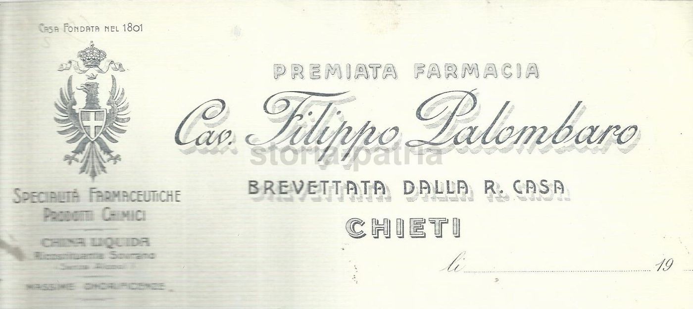 Carta Intestata Premiata Farmacia Palombaro Chieti 1910 Stemma Savoia
