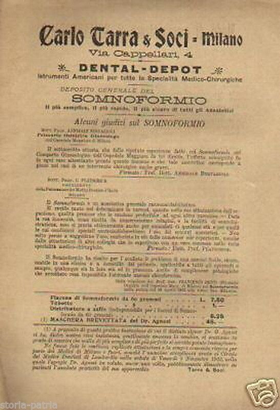 Somnoformio Dental Depot Carlo Tarra Milano, Primo '900