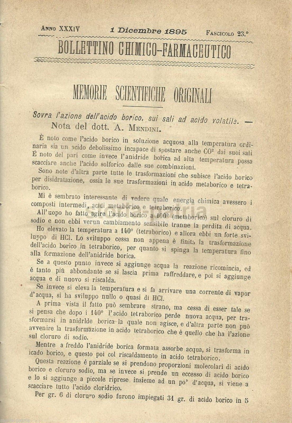Bollettino Chimico Farmaceutico 1895 Milano: Acido Borico, Caffè, Torino