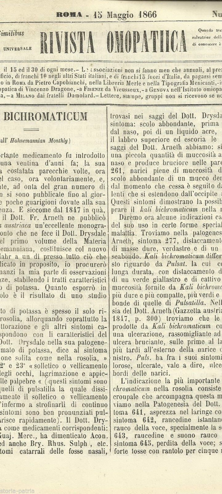 Rivista Omiopatica 1866: Kali Bichromaticum, Cavazzi E Pompili (Roma)