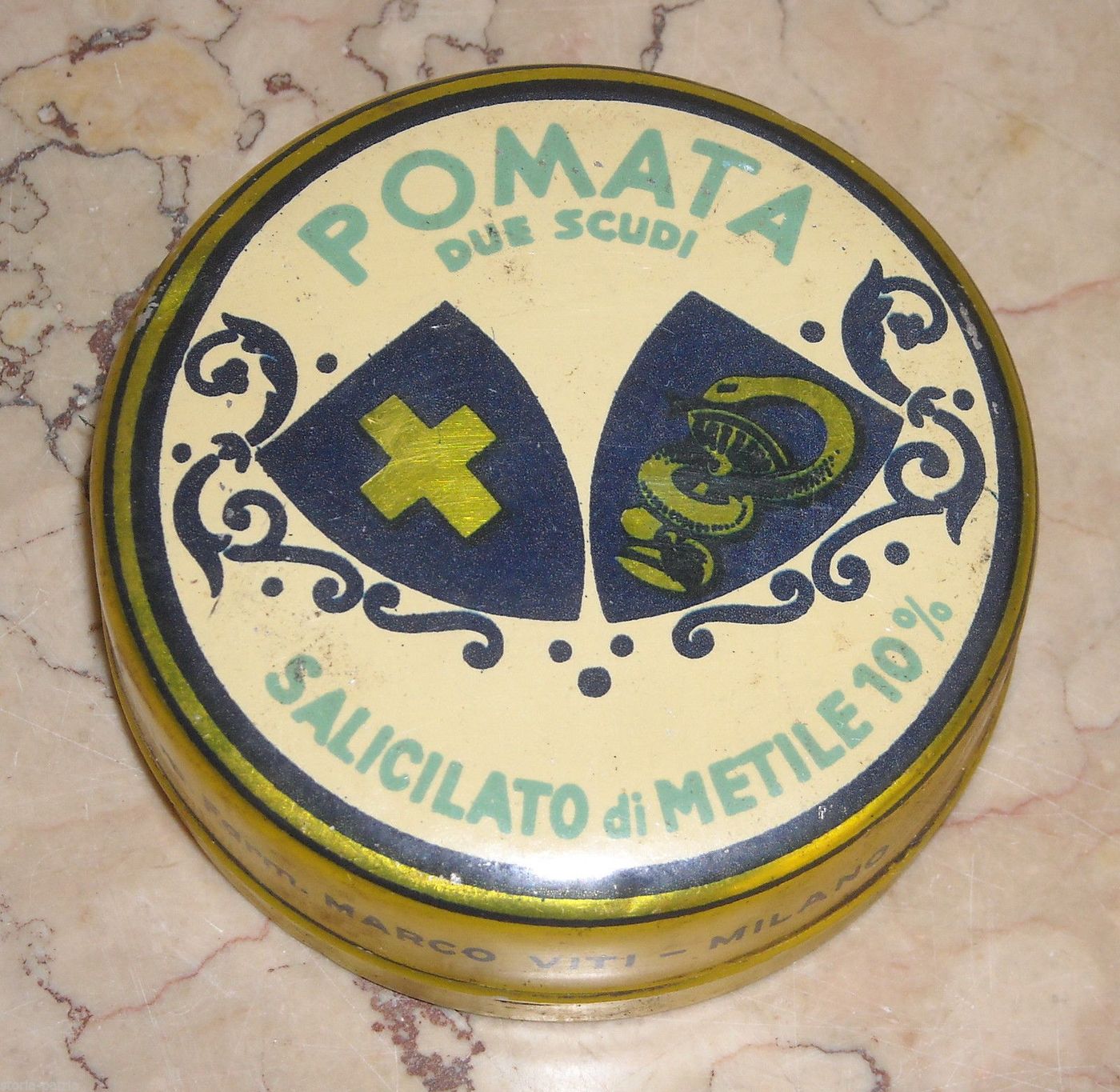 Scatola Latta Pomata Due Scudi Marco Viti Milano Farmacia Vintage