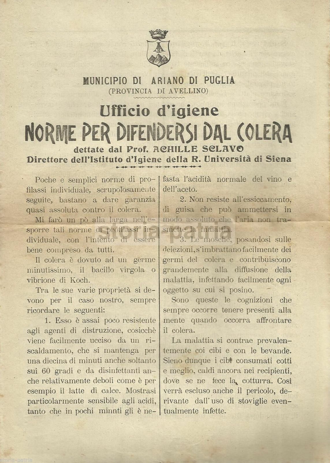 Norme Profilassi Colera Ariano Di Puglia, Prof. Achille Sclavo, Primi Del '900