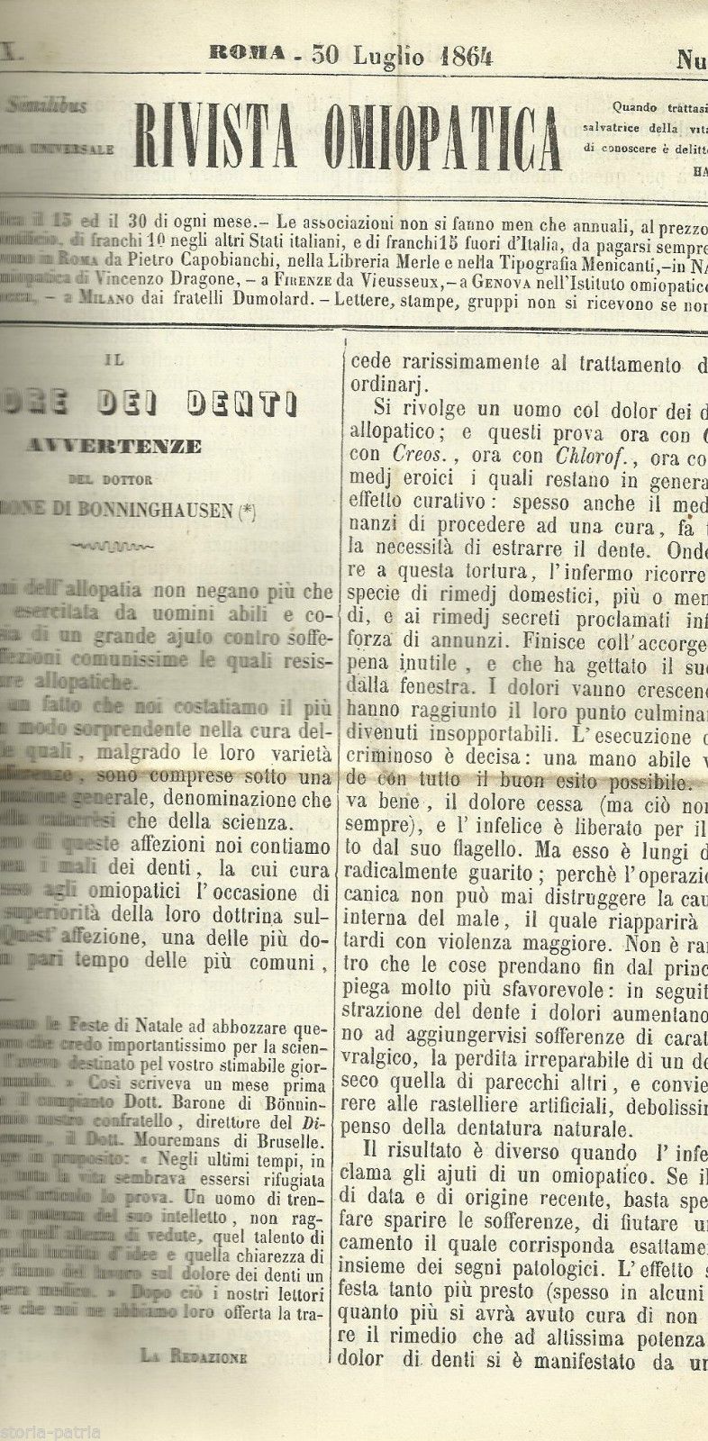 Rivista Omiopatica Similia Similibus, 1864 Roma, Medicina Omeopatica