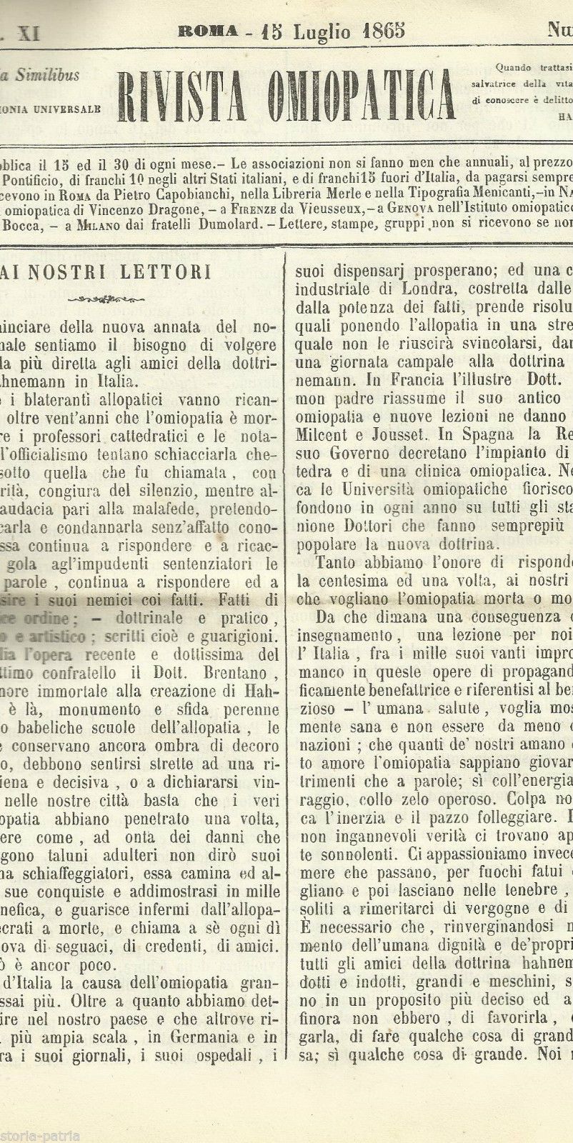 Rivista Omiopatica "Similia Similibus", 1865, Roma