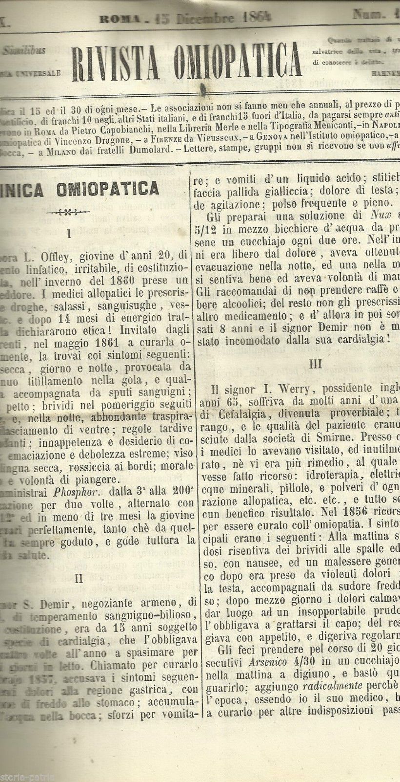 Rivista Omiopatica Similia Similibus 1864 Roma Medicina Omeopatia