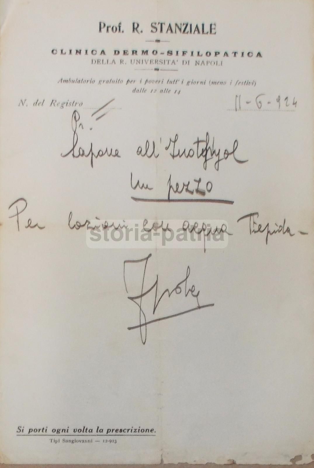 Ricetta Clinica Prof. Stanziale, Università Di Napoli, 1924