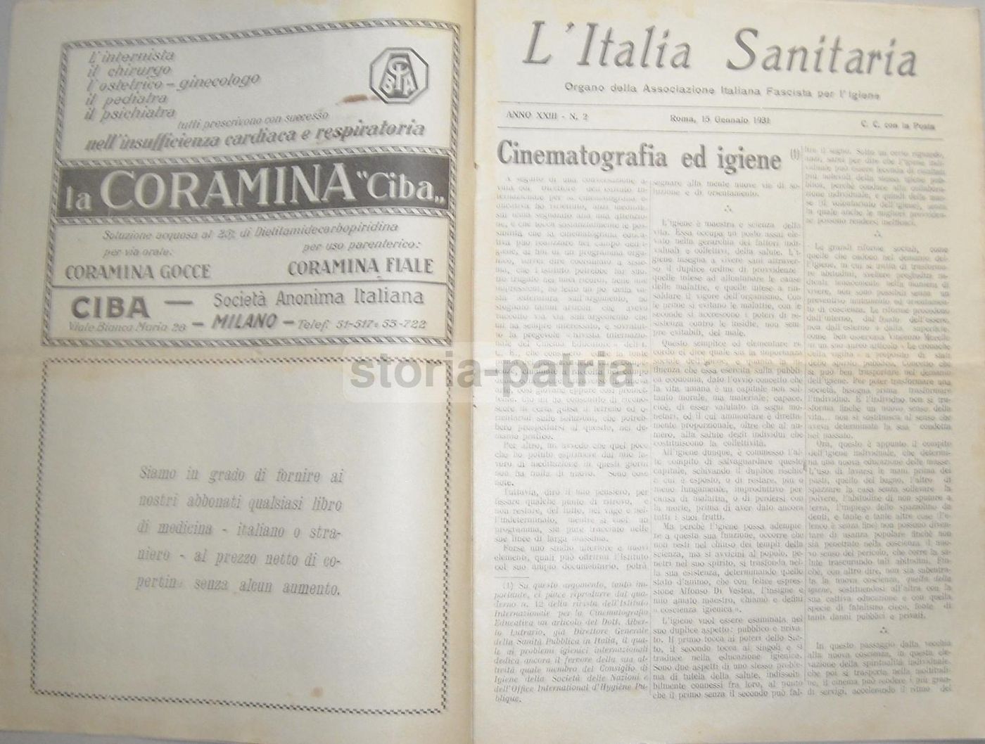 L'Italia Sanitaria 1931: Cinematografia, Igiene, Malaria, Emigrazione