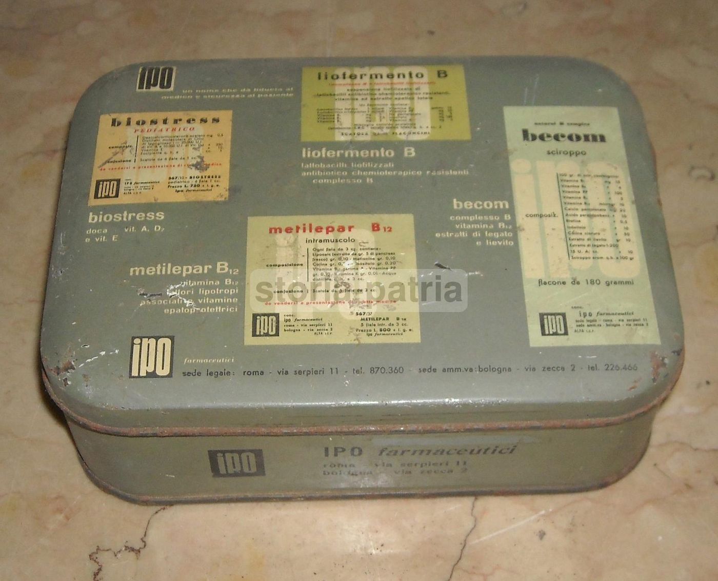 Scatola Pubblicitaria Ipo Farmaceutici Biostress Becom, Anni '50