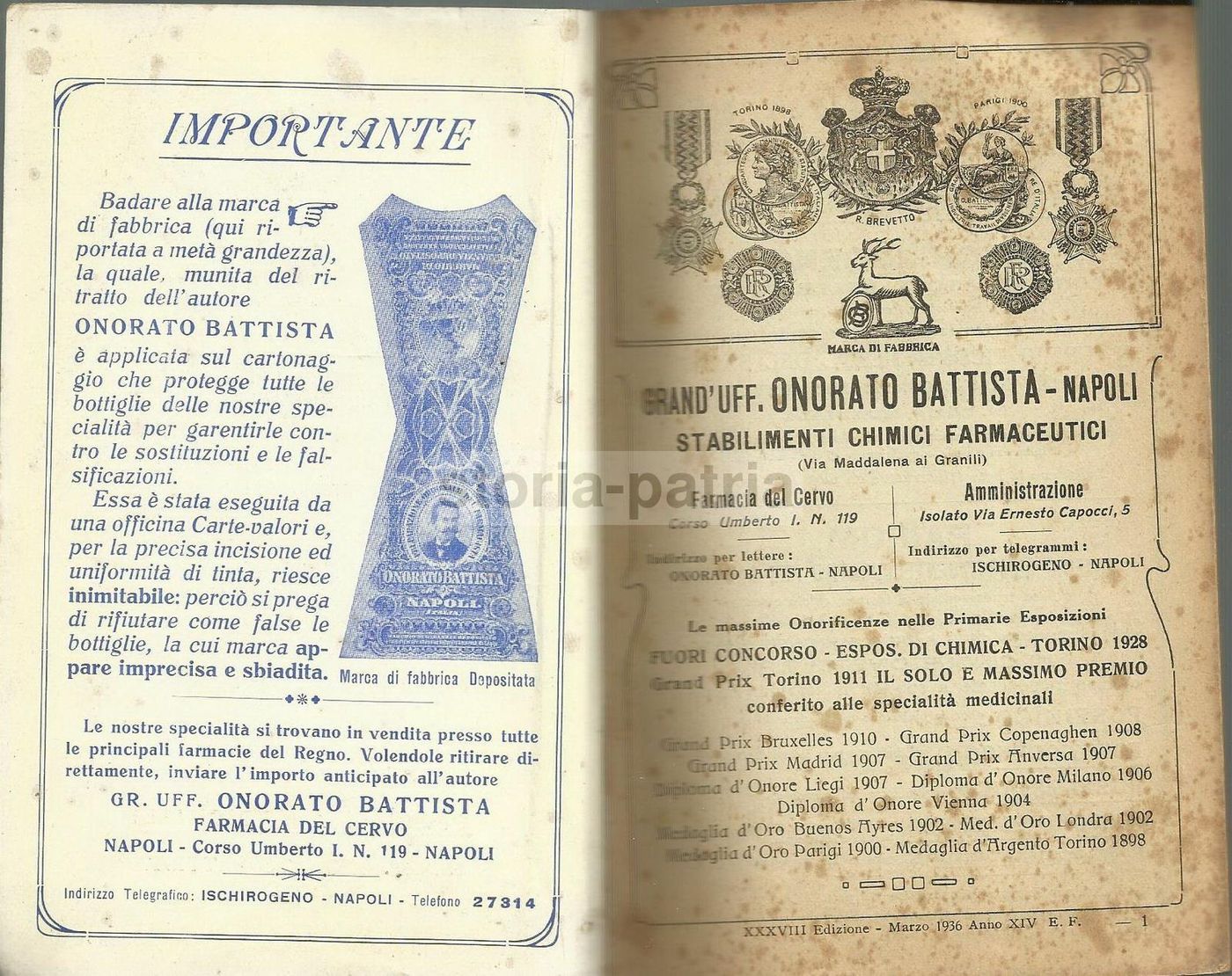 Catalogo Specialità Medicinali Onorato Battista Napoli 1936