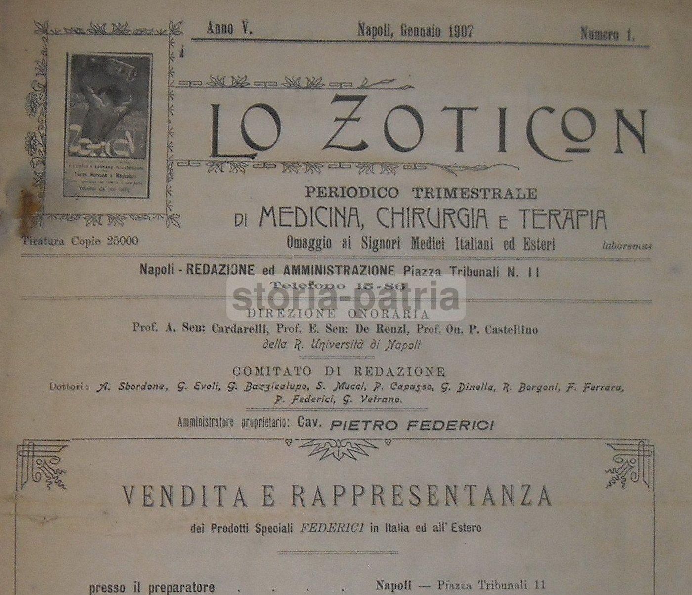Lo Zoticon 1907: Rivista Medica Della Farmacia Federici, Napoli